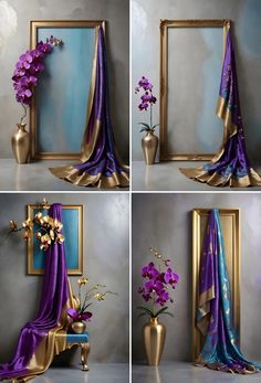 four pictures of purple and gold flowers in front of a blue wall with a mirror