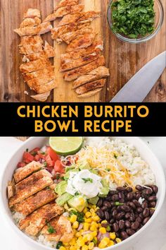 chicken burrito bowl recipe with black beans, corn and avocado