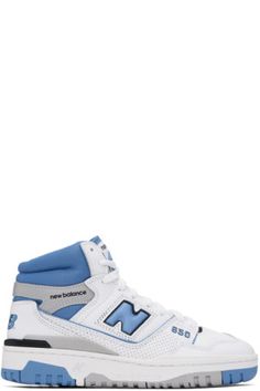 New Balance - White & Blue 650 Sneakers Blue Sporty High-top Sneakers With Logo, Blue New Balance High-top Sneakers With Round Toe, New Balance Blue High-top Sneakers With Boost Midsole, Blue New Balance High-top Sneakers For Streetwear, Blue Lace-up High-top New Balance Sneakers, Sporty Blue High-top New Balance Sneakers, New Balance White, Mesh Sneakers, Virtual Closet