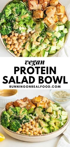 two plates filled with salad and vegetables on top of each other, the text reads vegan protein salad bowl