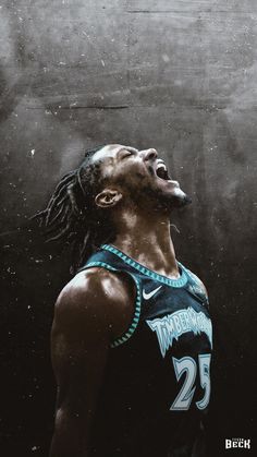 a man with dreadlocks and a basketball jersey is looking up at the sky