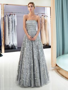 Modern Evening Dresses Long Strapless Sequin Light Grey Floor Length Luxury Women Pageant Dress-Ballbella Prom Dresses Long Strapless, Unique Formal Dresses, Chiffon Party Dress, Evening Dress Long, Prom Dresses With Pockets, Floor Length Prom Dresses, Evening Dress Floor Length, Long Evening Gowns, Beauty Dress