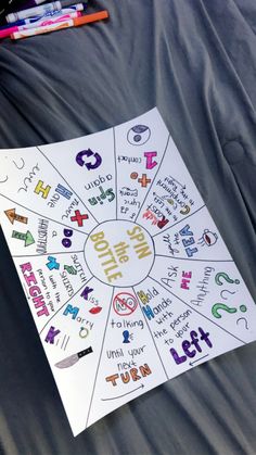 a wheel of fortune on a sheet of paper with markers and pencils next to it