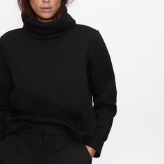 You Cannot Go Wrong With A Black Outfit... Top So Cozy And Warm! Love Loose High Neckline Oversized Cozy Workwear Tops, Casual Black Turtleneck Sweatshirt, Black Oversized Zara Top, Oversized Black Zara Top, Oversized Black Funnel Neck Tops, Oversized Black Tops With Funnel Neck, Black Oversized Top From Zara, Chic Black Crew Neck Sweatshirt, Oversized Black Top From Zara