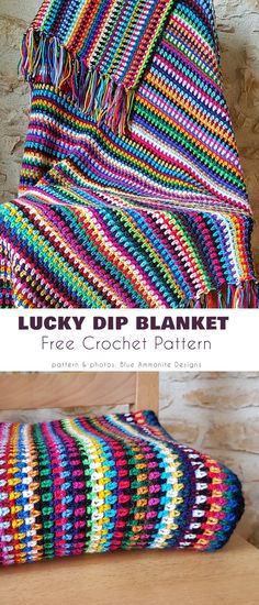 a crocheted blanket with the title lucky dip blanket free crochet pattern