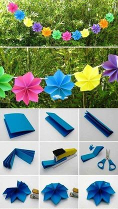 paper flowers and scissors are being used to make an origami flower garland in the grass