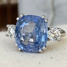 Blue Sapphire Diamond Ring, Cushion Cut Diamond Ring, Ceylon Blue Sapphire, Three Stone Diamond Ring, White Gold Sapphire, Three Stone Diamond, Blue Sapphire Diamond, Blue Cushions, Sapphire Diamond Ring