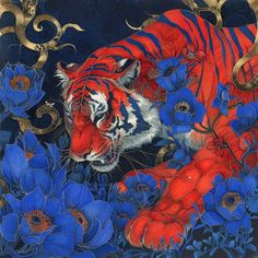 a painting of a tiger surrounded by blue flowers