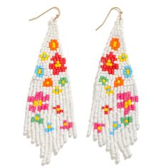 Brighten up your look with these stunning Seed Beaded Flower Tassel Drop Earrings, a playful and eye-catching accessory designed to make a statement. These earrings are meticulously crafted with intricate seed beading, showcasing beautiful floral motifs in white with pops of vibrant colors. Measuring approximately 3.75 inches in length, these earrings offer a bold, dangling silhouette that adds a whimsical yet sophisticated touch to any outfit. Whether you're headed to a summer festival, brunch Seed Bead Flower Earrings, Bead Flower Earrings, August Flower, Seed Bead Flower, Seed Bead Jewelry Patterns, Seed Bead Flowers, Bead Flower, Seed Beading, Instagram Giveaway