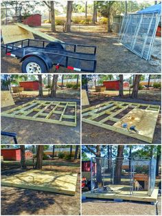 several different pictures of the inside of a trailer with wood flooring and metal rails