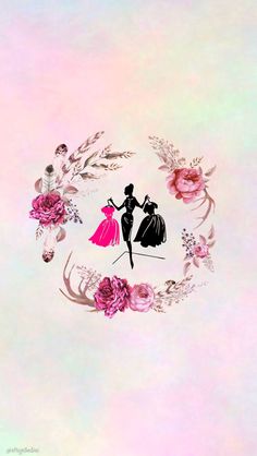 the silhouettes of two people in dresses are surrounded by pink flowers and leaves on a pastel background