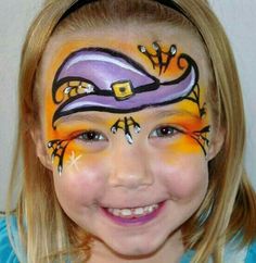 Witch Hat Face Paint, Fall Face Painting Ideas Simple, Halloween Kids Face Painting, Witch Facepainting, Halloween Facepaint Kids, Quick Halloween Face Paint, Witch Face Paint Kids, Face Paint Halloween Kids