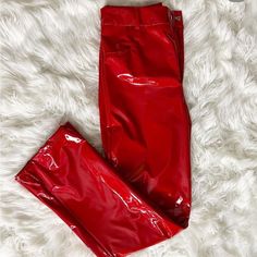 Never Worn Red Latex Straight Pants Red Straight Pants For Night Out, Red Straight Leg Bottoms For Night Out, Red Ankle-length Pants For Party, Trendy Red Pants For Night Out, Trendy Red Straight Pants, Trendy Red Trousers, Red Ankle-length Party Pants, Red Pants For Party, Wearing Red