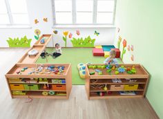 two children's playrooms with toys on the floor and in front of them