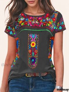 Bormay - Printed Short Sleeve T-shirt with Round Neck for Women Linen Blouse, Color Shorts, Long Sleeve Crop Top, Neck Designs, Artistic Designs, Printed Shorts, Cotton Linen, Short Sleeve Shirt, Sleeve Shirt