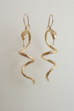 Ophidian Earrings – Rackk & Ruin Elegant Handmade Snake-shaped Jewelry, Handmade Elegant Snake Earrings, Elegant Handmade Snake Earrings, Elegant Spiral Hand Wrapped Jewelry, Elegant Snake Shape Earrings With Ear Wire, Snake-shaped Yellow Gold Earrings For Gift, Elegant Yellow Gold Snake Earrings, Snake-shaped Single Earring Jewelry Gift, Snake Shaped Single Earring For Gift