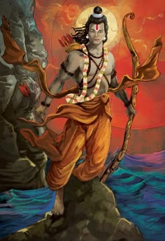 the hindu god standing on top of a rock in front of an orange sky and water