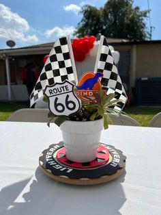 a white table topped with a potted plant and road signs on top of it