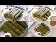 four pictures show different stages of how to cook asparagus with dipping sauces