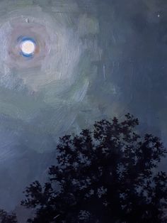 an oil painting of a tree in the sky with a bright light at the center