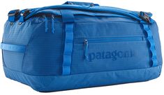 the patagon duffel bag is blue and has two zippers on it