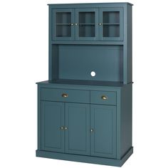 a blue cabinet with two doors and drawers