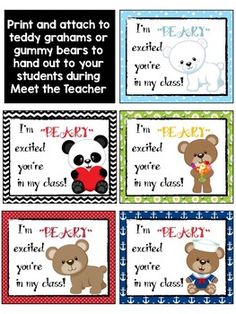 four teddy bears with different sayings for each student to use on their classroom posters