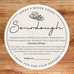 the label for sourdough on a wooden table