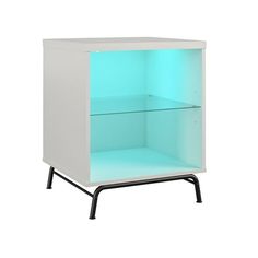 a white cabinet with blue lights on the front and black legs, against a white background