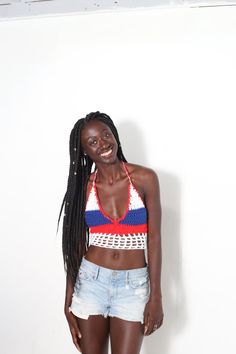 Handmade Crochet red,white and blue Scoop neckline crop top. 100% soft acrylic. Instagram Baddies, Crochet Sweater Vest, Blue Crochet, Crochet Crop, Vest Pattern, Cropped Tops, Crochet Crop Top, Crochet Sweater, Summer Tops