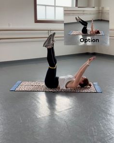 a woman doing an exercise on a mat in a dance studio with the caption option