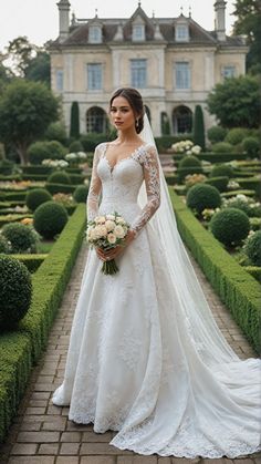 a woman in a white wedding dress standing on a brick walkway with hedges and bushes behind her