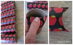 four pictures showing how to make an apple print paper tube wrapper with the instructions