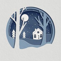 a paper cut christmas scene with a house in the woods at night and snow falling on the ground