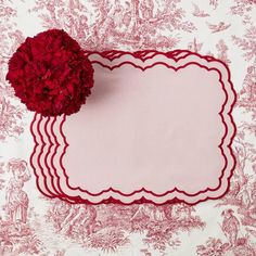 Rosy Reverie Placemats Toile Tablecloth, Pink Placemats, Mrs Alice, Bamboo Cutlery, Embroidered Border, Red Embroidery, Velvet Bow, Rich Textures, Pink Fabric