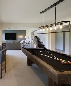 a pool table and some chairs in a room