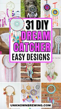 the words 31 diy dream catcher easy designs are in front of pictures of different items