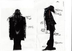 two black and white sketches of men's coats, one in the process of drawing