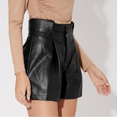 Wdirara Women's High Waisted Pu Leather Shorts Roll Hem Shorts Size L Fabric Type 100% Polyurethane Edgy Black Shorts For Going Out, Edgy High-waisted Shorts For Club, Short Length Bottoms For Date Night In Fall, Short-length Bottoms For Date Night And Fall, High-waisted Shorts With Belt Loops For Party, Trendy Club Shorts In Short Length, Party High-waisted Shorts With Belt Loops, Summer Club Bottoms With Belt Loops, Trendy Above Knee Bottoms For Night Out