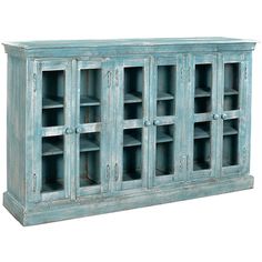 an old blue cabinet with glass doors on the front and bottom shelves, isolated against a white background