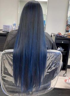 Blue Highlights On Black Hair, Black Hair With Blue Highlights, Black Hair Ideas, Highlights On Black Hair, Midnight Blue Hair, Blue Black Hair Color, Blue Ombre Hair