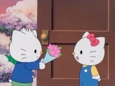 two cartoon characters holding flowers in front of a door