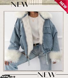 Fashion Denim Cropped Fur Jacket Trendy Winter Denim Jacket With Pockets, Trendy Winter Jeans With Pockets, Winter Denim Jacket With Long Sleeves, Winter Long Sleeve Denim Jacket, Trendy Medium Wash Outerwear For Winter, Denim Blue Cropped Denim Jacket For Winter, Winter Denim Blue Cropped Denim Jacket, Winter Cropped Denim Jacket In Denim Blue, Trendy Denim Blue Cropped Jacket For Winter