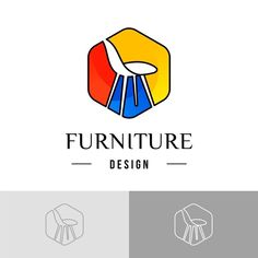 the logo for furniture design is designed with an abstract geometric shape and has a chair on it