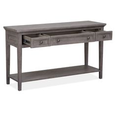 the gray console table has two drawers on one side and an open drawer at the bottom