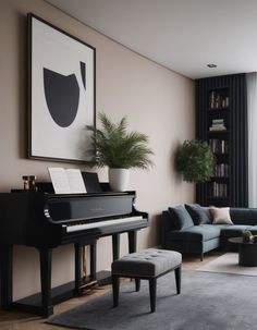 a living room filled with furniture and a piano in front of a large painting on the wall