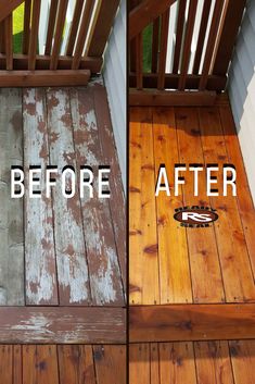 before and after photos of wood decking with white paint on the bottom, top and bottom