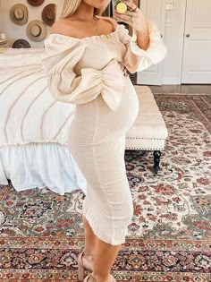 Vestidos Para Baby Shower, Pregnant Outfit, Off Shoulder Puff Sleeve, Maternity Dresses For Baby Shower, Trendy Maternity Outfits, Shoulder Puff Sleeve, Shower Outfits, Maternity Midi Dress, Cute Maternity Outfits