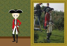 an image of a man dressed as a soldier in front of a painting and another drawing