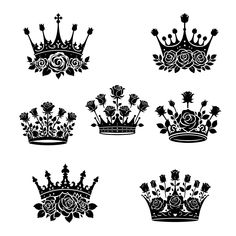 black and white silhouettes of crowns with roses on them, set of six illustrations